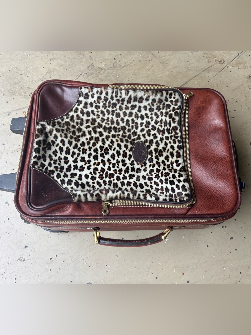 Tangaroa Leather suitcase with Leopard Haircalf Accent - Brown